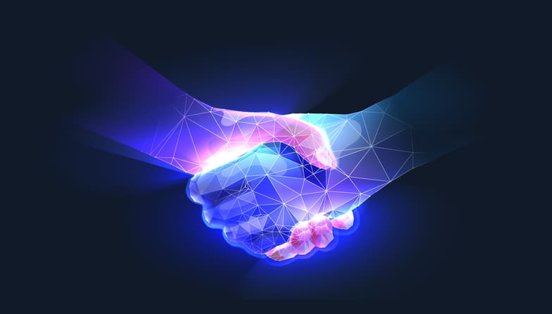 Handshake in digital futuristic style The concept of partnership collaboration or teamwork Vector illustration with light effect and neon